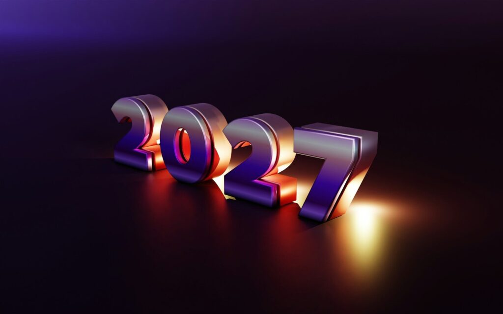 The number 2027 in metallic 3D digits with purple and orange lighting