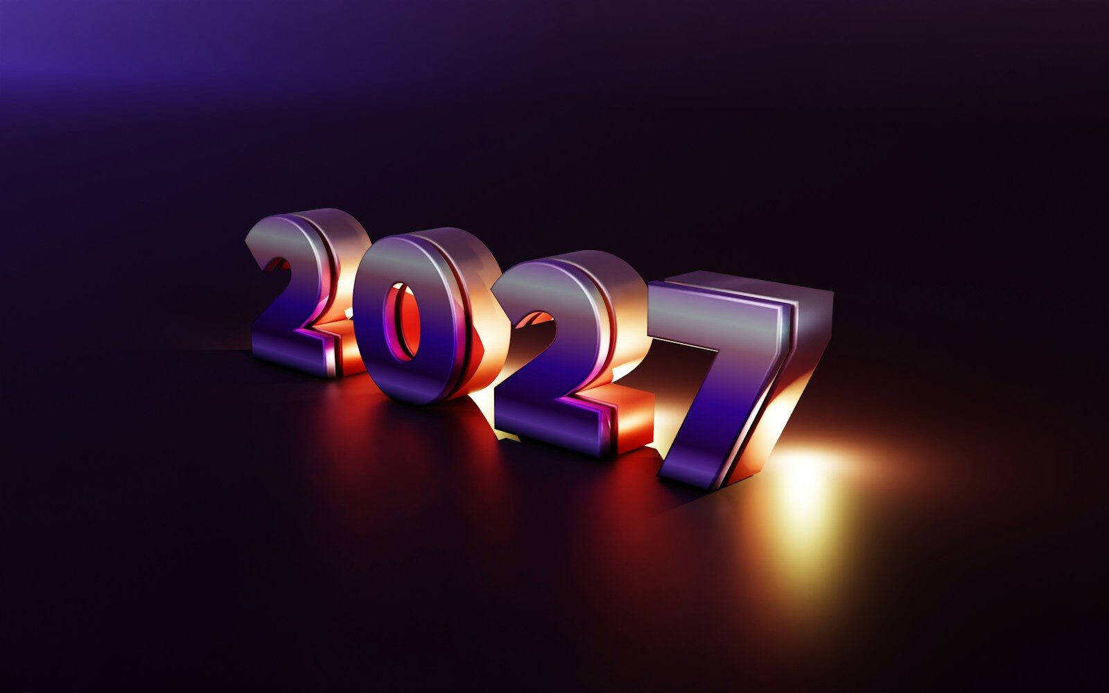 The number 2027 in metallic 3D digits with purple and orange lighting